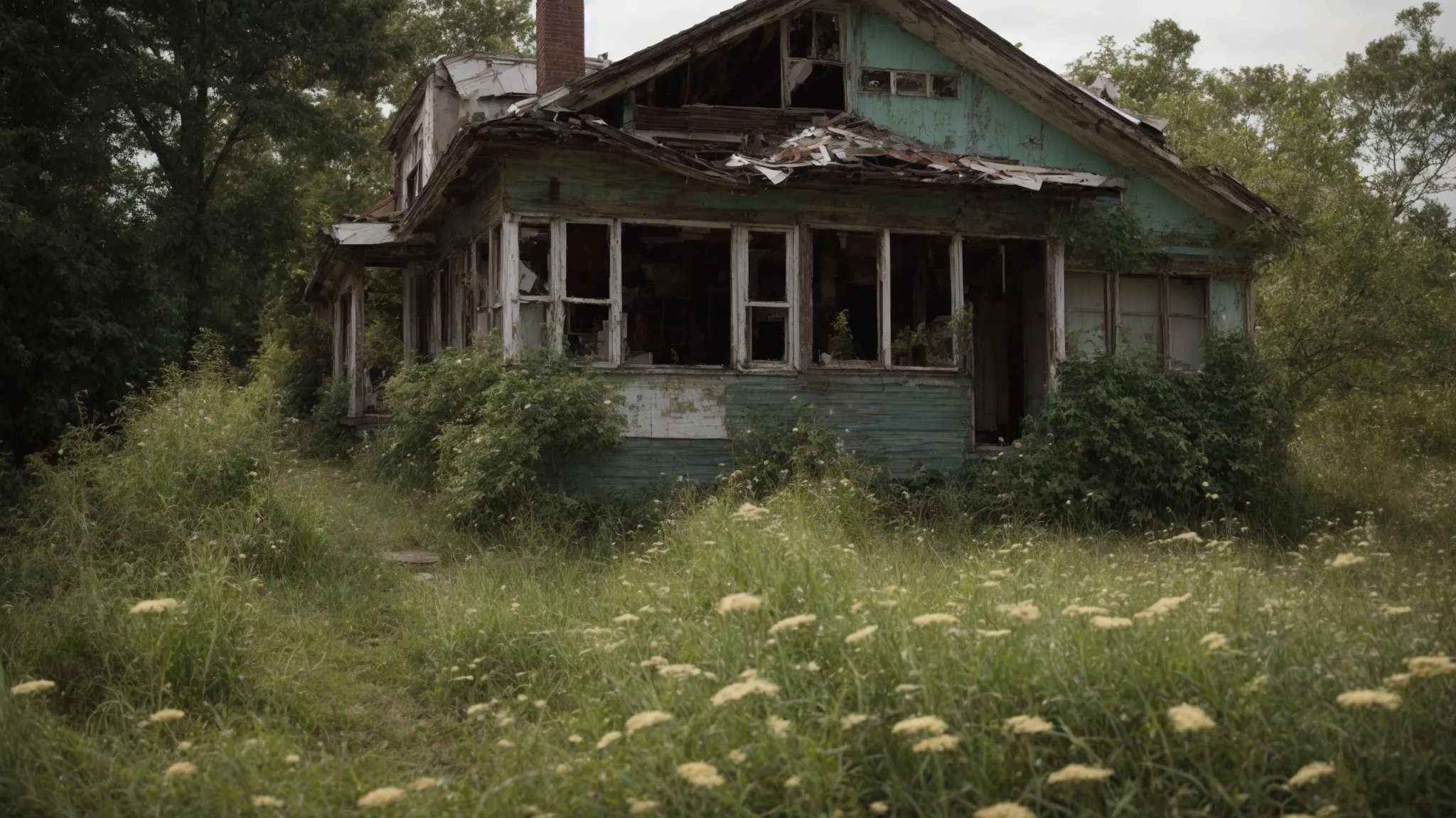 users 7dd1dc79 7cb9 40c2 b5f8 d0e040fa311b generations 4b540270 c45e 41b0 ba86 c5f35ee02648 PhotoReal Create an image showcasing a dilapidated house with 3 2